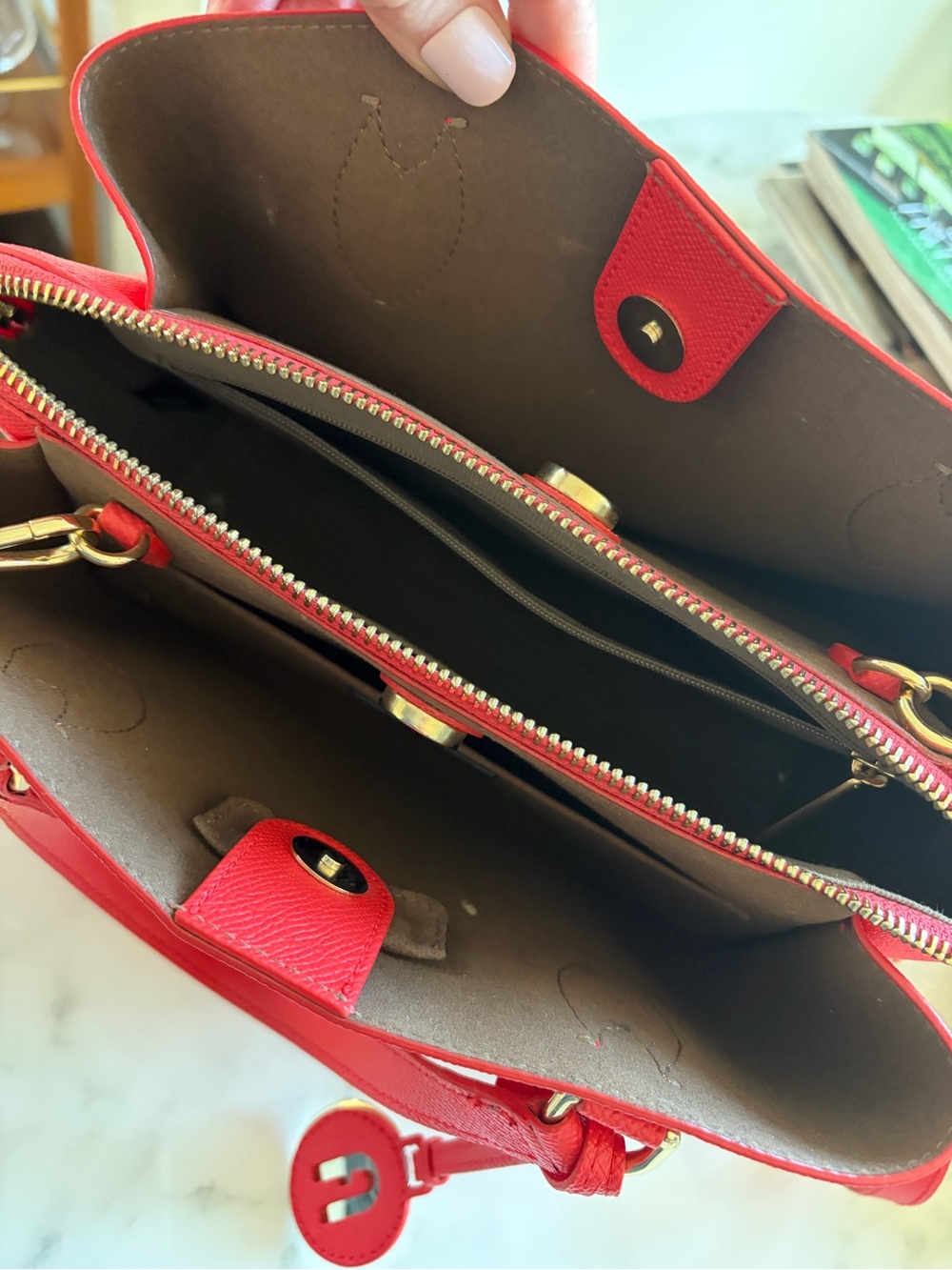 Furla Red Leather Double-Compartment satchel purse with Gold Hardware - Picture 2 of 7